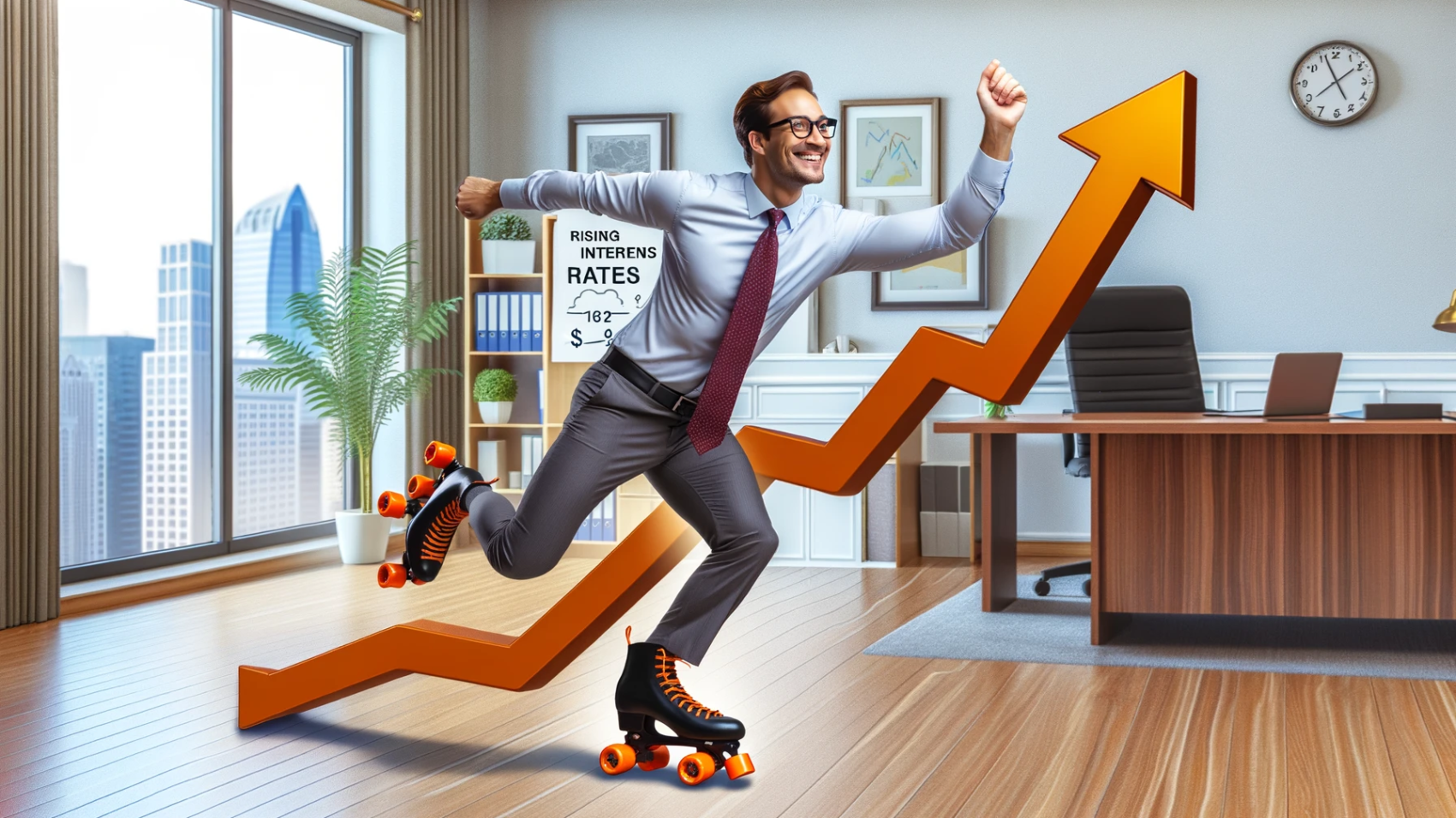 DALL·E 2024-03-21 15.48.04 - Create a joyful image of a financial director (DAF) in his office, standing on roller skates. In a display of agility and optimism, he's contorting sl