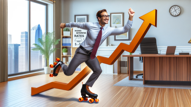 DALL·E 2024-03-21 15.48.04 - Create a joyful image of a financial director (DAF) in his office, standing on roller skates. In a display of agility and optimism, he's contorting sl